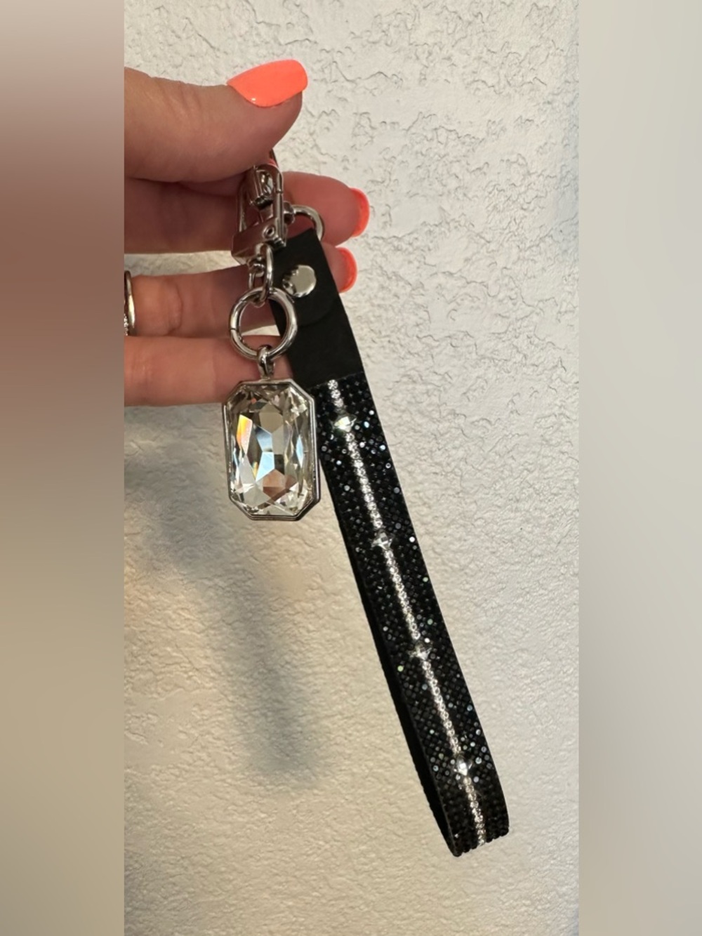 Jacqueline Kent Black Crystal-Embellished Key Holder Wristlet W/ Crystal Charm